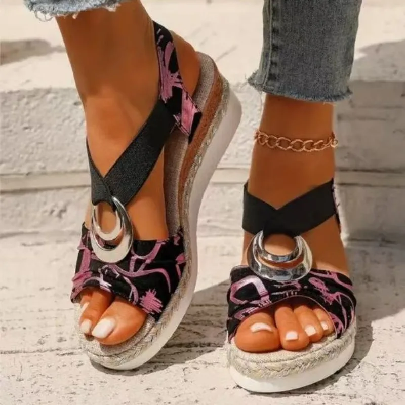 

Metal Buckle Wedge Sandals for Women Peep Toe Elastic Strap Platform Sandals Woman 2026 Summer Casual Espadrille Sandalias Mujer