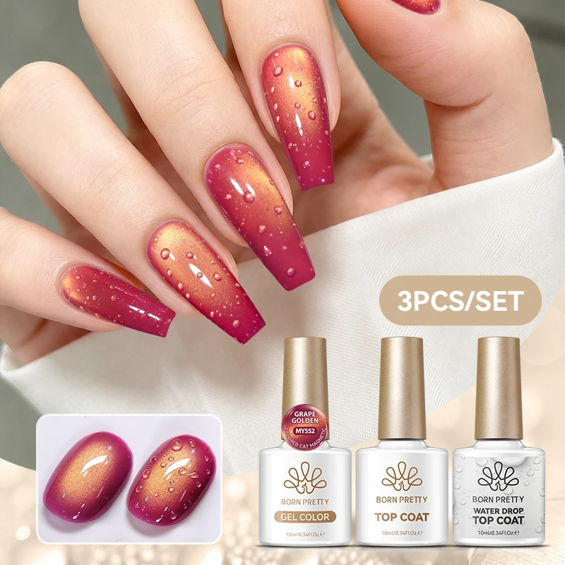 BORN PRETTY Water Drop Top Coat Gold Light Cat Magnetic Effect Semi Permanent Gel Nail Polish Set 3D Water Droplet Decor Nails