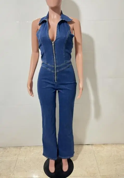 

Elegant New Casual Spring New Slim Fit Sleeveless Fashionable Street Retro Style Backless Denim Long Jumpsuit Women's Clothing