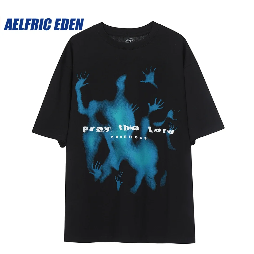 

Aelfric Eden Useless Prayers Graphic Tee Streetwear Hip Hop Struggling Shadow Graphic Tshirt Harajuku Retro Casual Cotton Summer