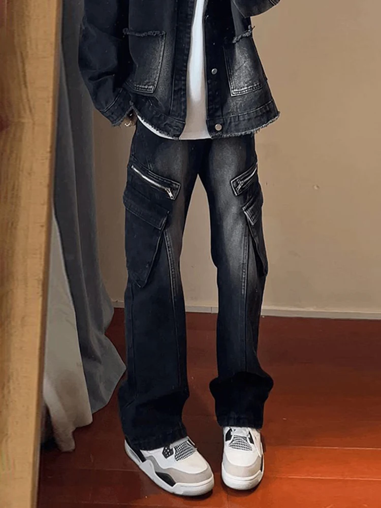 

Black Knife Jeans Men's American High Street Multi Pocket Workwear Loose Fit Straight Leg Non Tight Micro Flare Pants