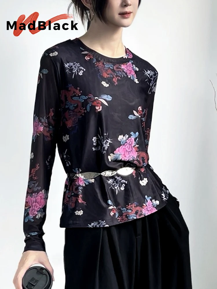 

MadBlack-Women European T-Shirt, Sexy O Neck Floral Print, Fashion Long Sleeve Slim M-2XL Elastic Mesh Tee, 2025 Winter T5N602CC