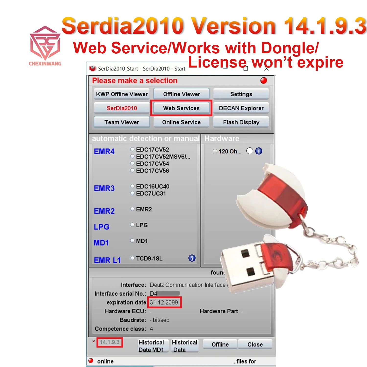 

Newest Deutz Serdia2010 v14.1.9.3 SerDia 2010 6 Level Class 4 License Update to 2099 For Deutz ECU Read Write EMR4 EMR3 EMR2