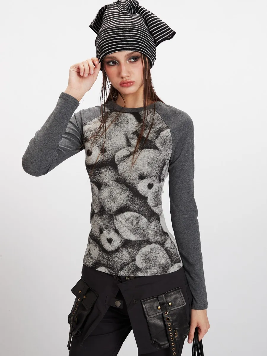 

Full Printed Crew Neck Slim Fit Cartoon Gothic Winter Fall Grunge T-shirts Fitness Long Sleeve Elegant Tops for Women Girls