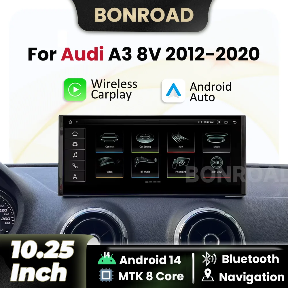 BONROAD 10.25 "لاسلكي CarPlay أندوريد راديو السيارة التلقائي مشغل وسائط متعددة لأودي A3 8 فولت 2012-2020 4G واي فاي نظام تحديد المواقع BT شاشة تعمل باللمس