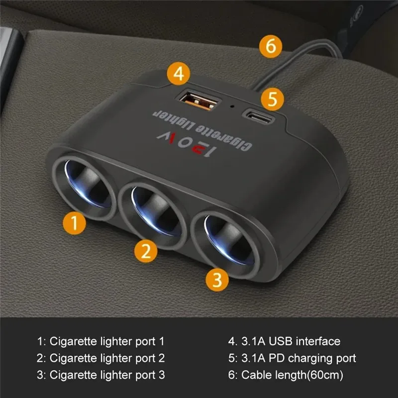 120W 3 in 1 USB PD Socket Car Cigarette Lighter Splitter 12V 24V Fast Charger Plug Phone Power Adapter For Car DVR GPS Dashcam