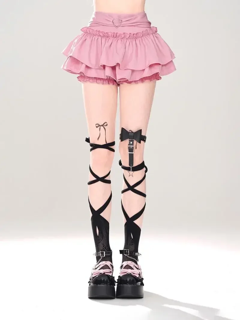 2025 Czarny Różowy Fairycore Kobiety Kawaii Mini Spódniczka Lolita Ruffle Plisowane Spódnice Śliczne Y2k A-line Cake Safety Krótkie Faldas Kobieta