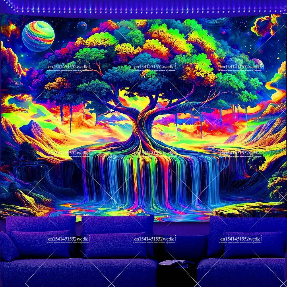 Blacklight  Tree of Life Tapestry Psychedelic Space Galaxy Neon Tapestries UV Reactive Tapestry Glow In The Dark Neon Backdrops