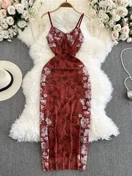 Foamlina Women Vintage Floral Print Spaghetti Strap Dress 2025 Summer Sexy V Neck Sleeveless Slim Bodycon Long Party Mesh Dress