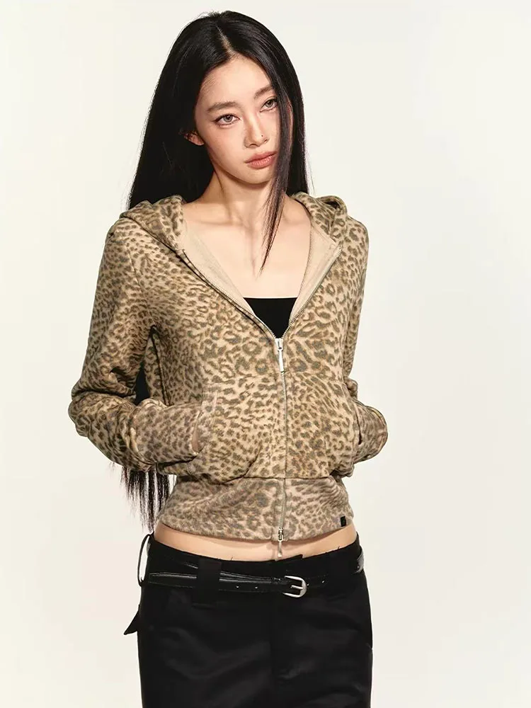 Vintage Leopard Print Hoodie Sweatshirt Women Y2K American Streetwear Slim Zipper Crop Coats Harajuku Spice Girl Punk Outerwears