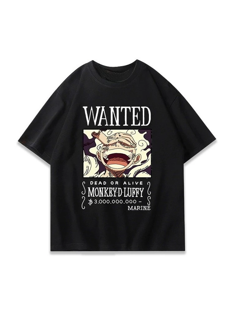 One Piece Wanted Pure Cotton Short T-shirt Luffy Longqioba Reward Order Loose Japanese Anime Top for Men, Women and Children