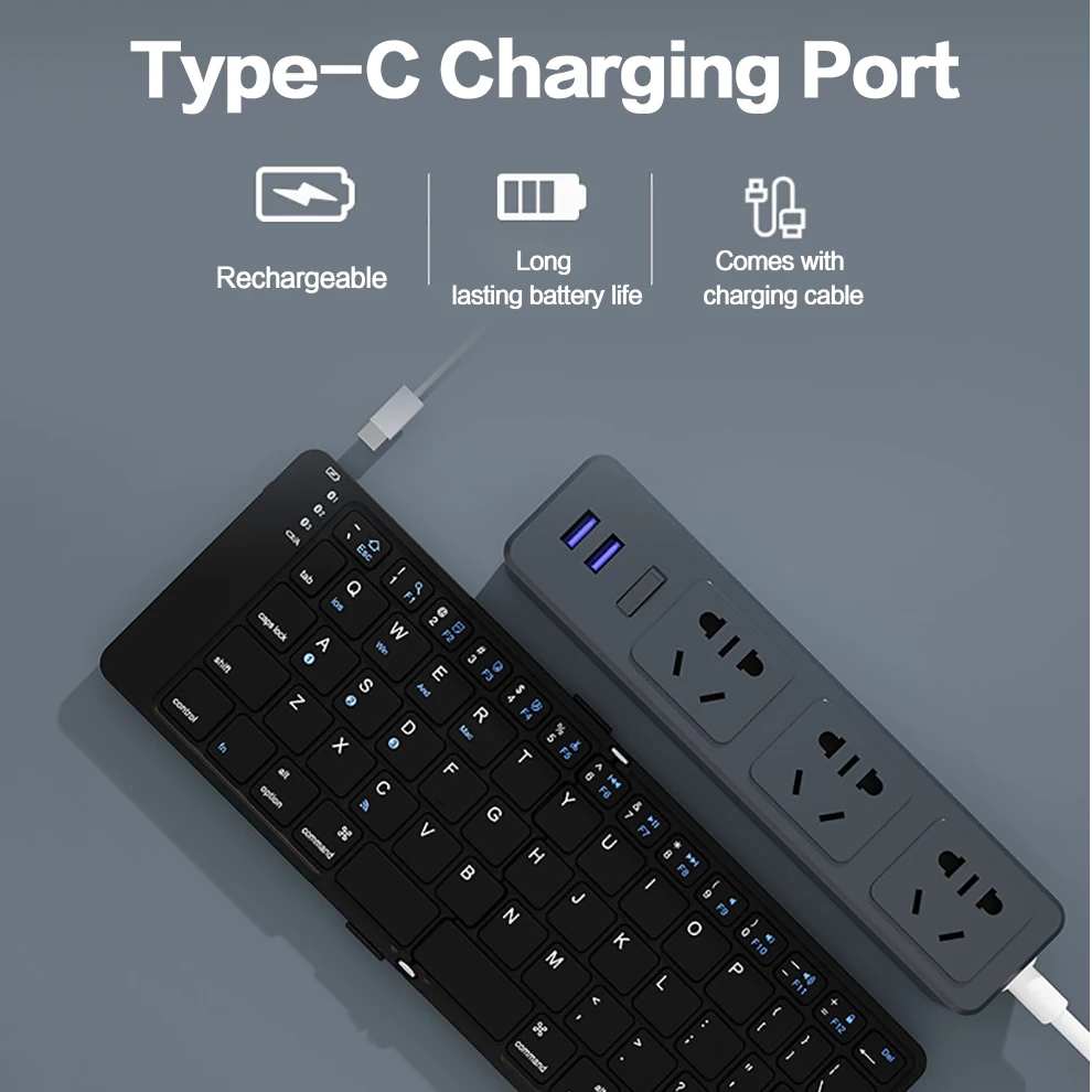 Rechargeable Bluetooth5.1 Wireless Keyboard for Window/Mac OS,Portable 64 Key Wireless Folding Keyboard with PU Leather-Black