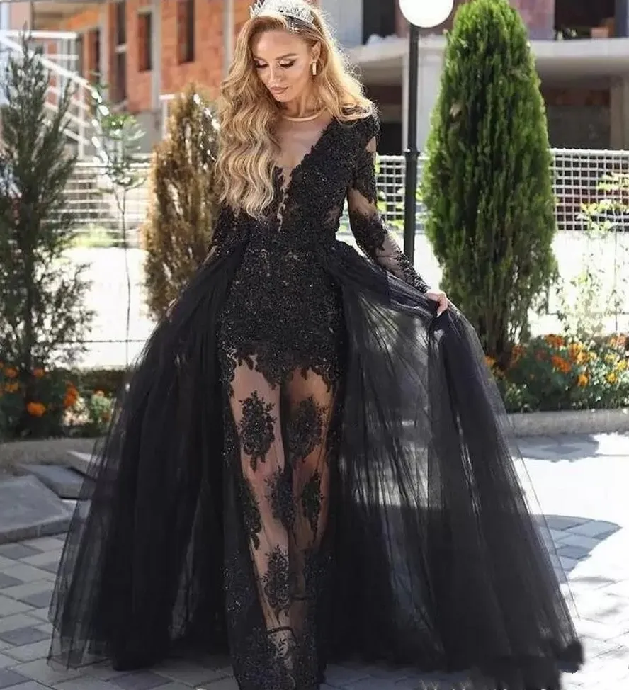 2025 Black Evening Fomal Dress Long Sleeves Tulle Lace Appliques Beads See Through Overskirt Prom Party Gowns Vestidos De Fieast