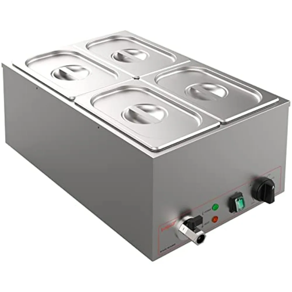 Bain Marie-calentador de Comida comercial de acero inoxidable, servidor de Buffet con tapa y grifo para el hogar, restaurantes, 4 secciones, 16 Qt