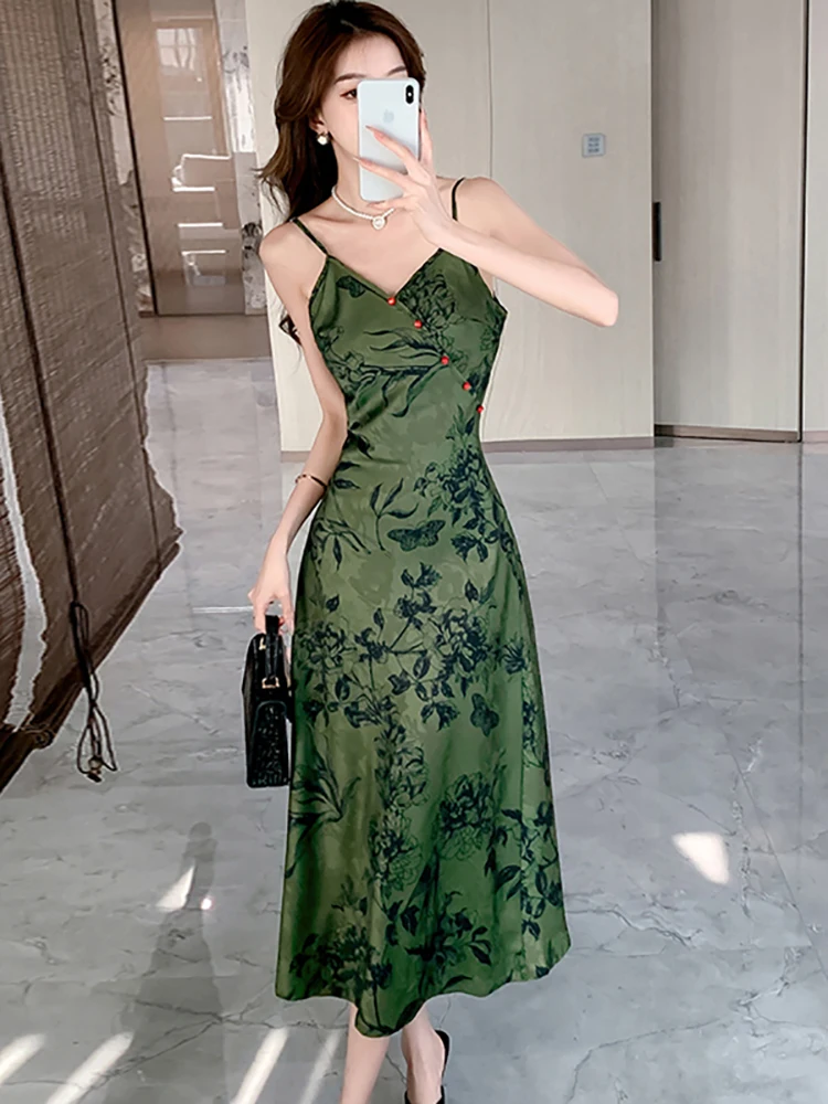 Women Green Floral Chic V-Neck Sexy Sling Long Dress 2024 New Satin Luxury Party Evening Dress Summer Korean Elegant Prom Dress