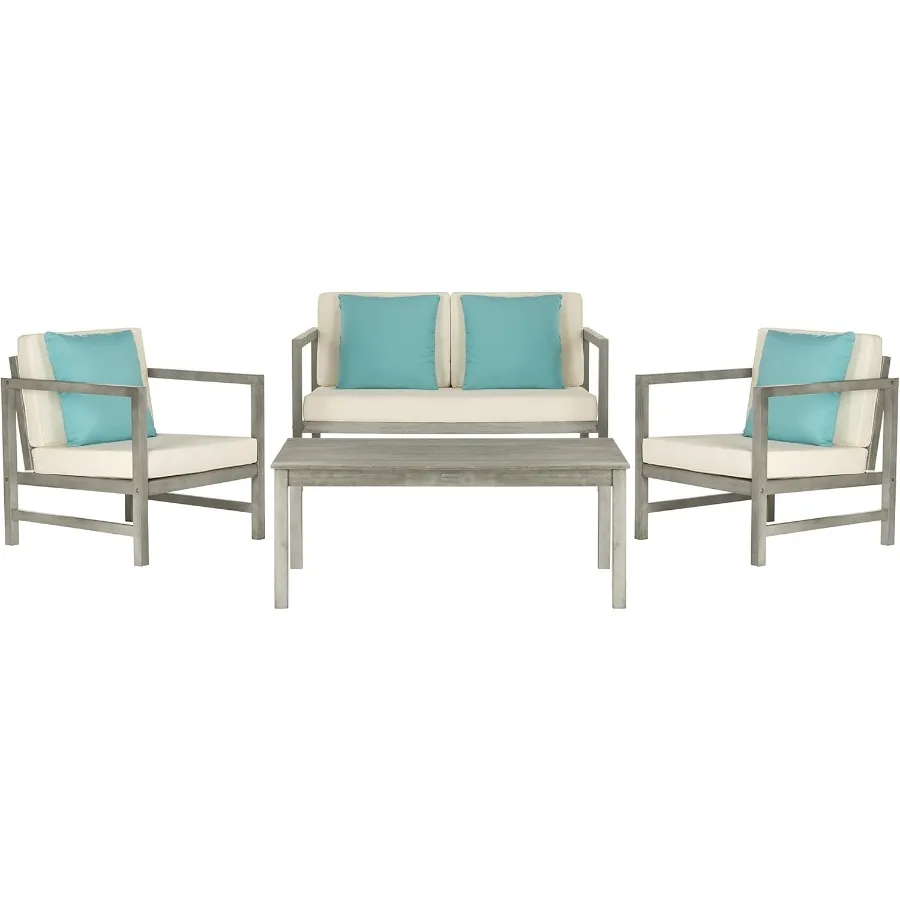 

Голубой набор для беседного патио из 4 предметов с серыми белыми подушками Montez для гостиных на открытом воздухе, прочный, устойчивый к атмосферным воздействиям