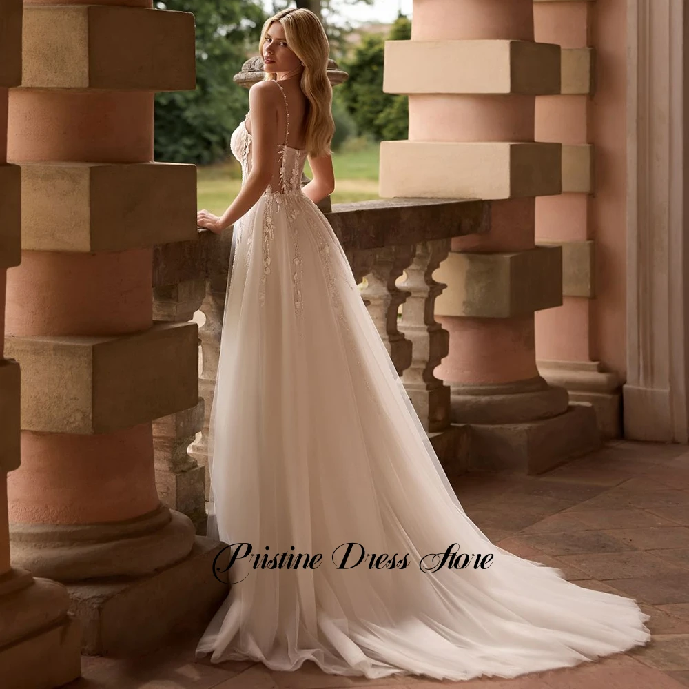 فستان زفاف ساحر على شكل حرف a بحمالات رفيعة من التل مزين بالترتر على شكل قلب بدون أكمام زي العرائس حسب الطلب #2