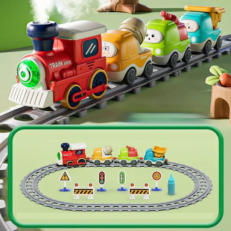 

Electric Track Train & Mini Engineering Car Toy Set with Light and Music, Educational Puzzle Playset for Kids Christmas Gift