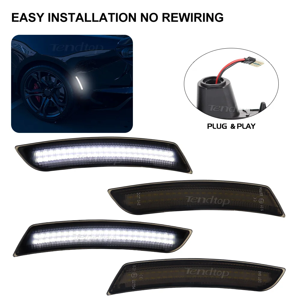 4pcs White Lights Smoked Lens LED Side Marker Lights Front Rear Bumper Side Marker Lamps for Chevy Camaro 2016-2023