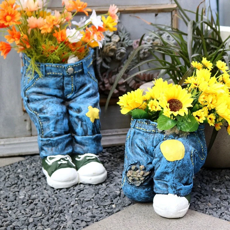 1Pc Jeans Pants Shape Flower Pot Resin Statue Flower Pot Planter For Indoor Garden Yard Lawn Porch Patio Outdoor Plant Container