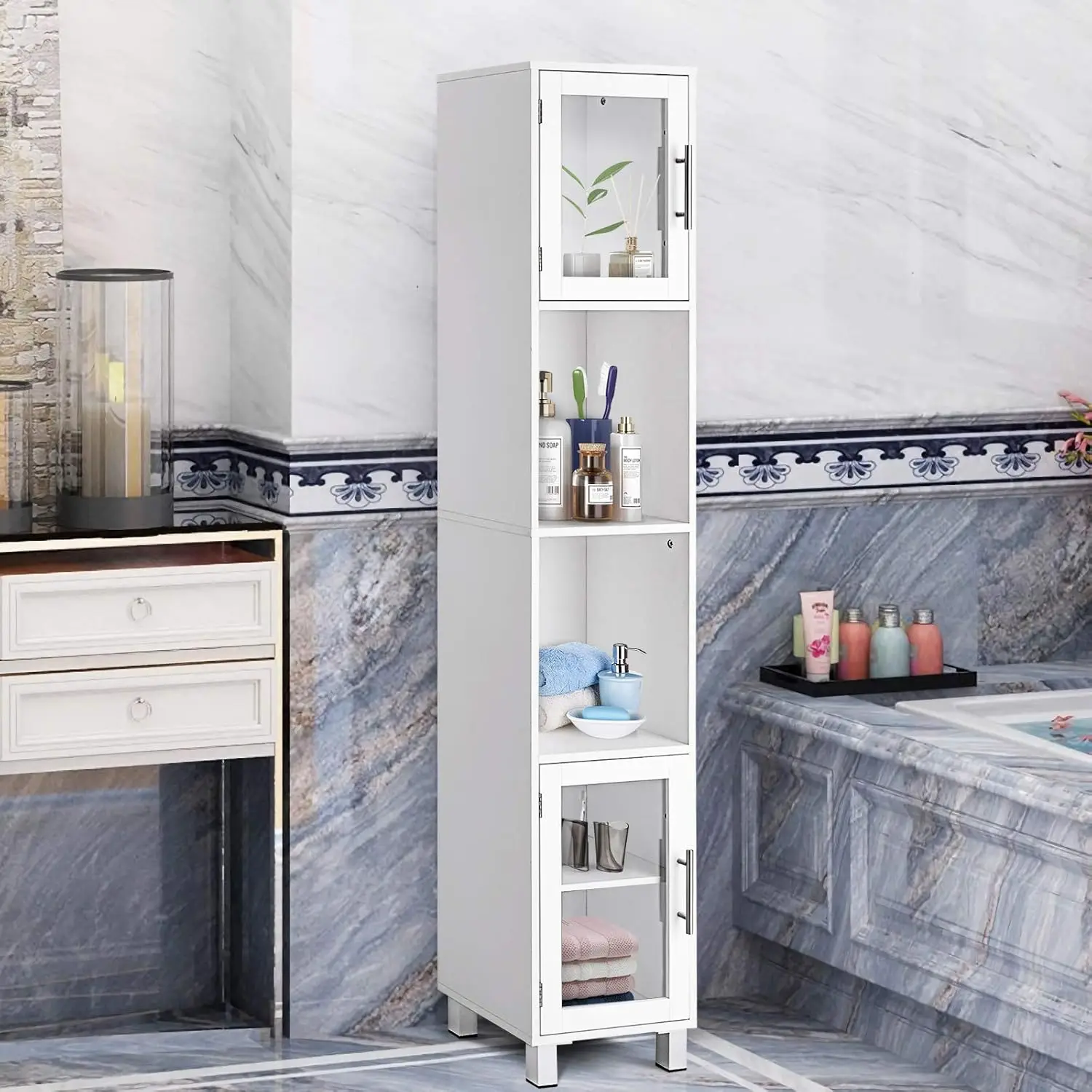 Bathroom Tall Storage Cabinet, Kitchen Floor Cabinet with 2 Open Shelves and Storage Compartments with Tempered Glass