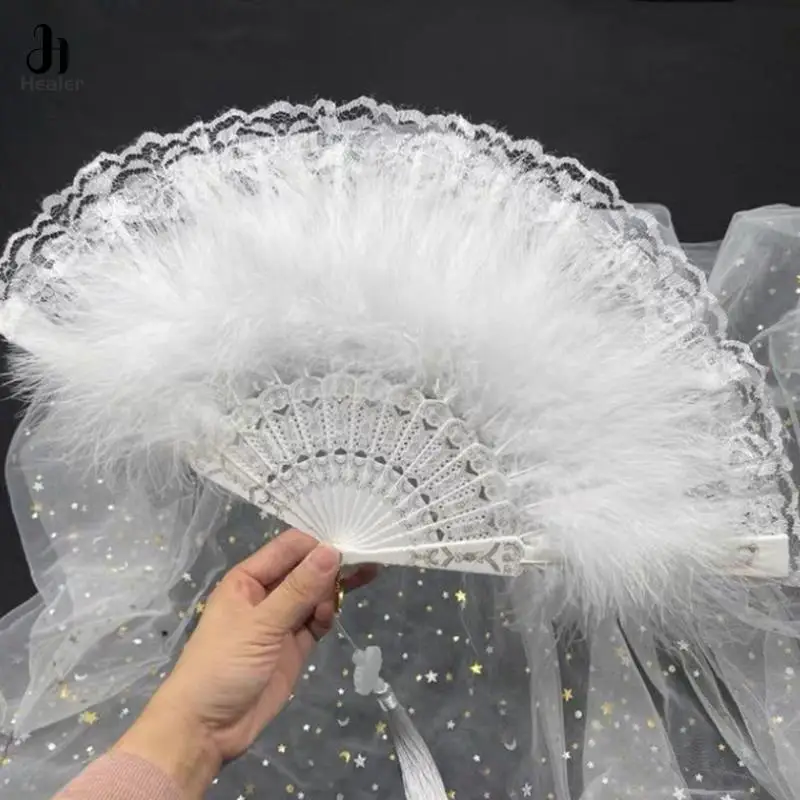 Lolita Feather Folding Fan Japanese Sweet Fairy Girl Dark Gothic Court Dance Hand Fan with Pendant Gift Wedding Party Decoration