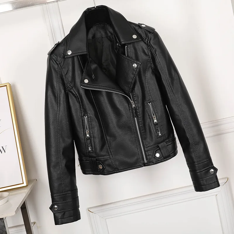 Women Faux Leather Jacket Beige Casual Slim Motorcycle Biker Leather Coat Female Punk Streetwear Jackets Cool