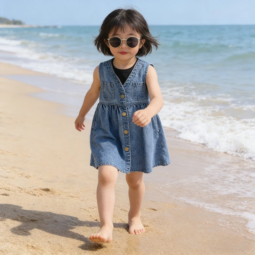 2026 Koreanisches Neues Mädchen-Freizeitkleid Ärmelloses Jeanskleid Baby Kinder Weste Sommerkleider Kinder-Outdoor-Kleidung Strand-Stil Outfit