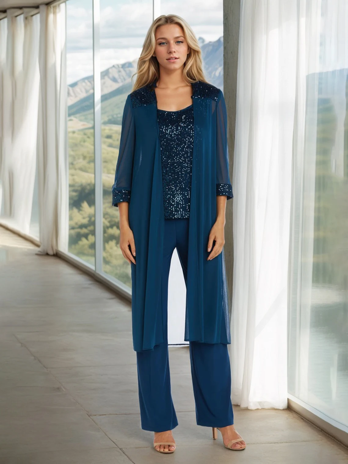 Elegant 3 Piece Formal Mother Dress Scoop Neck 3/4 Sleeve Chiffon Sequin Ankle Length Wedding Guest Dress 2025 Free Customized