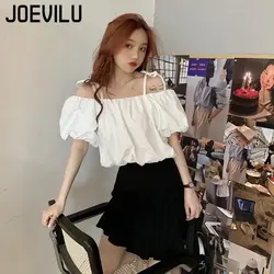 JOEVILU Puff Sleeve Crop Tops Sexy Off Shoulder Backless Blouses Women's Korean Fashion T-shirt Casual Streetwear Purple Shirts