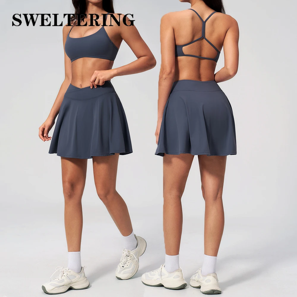

2 Piece Summer Fitness Tennis Set Women Crossover V Waist Yoga Skirt Breathable Sports Bra Outfits Gym Workout Yoga Skirt Suit