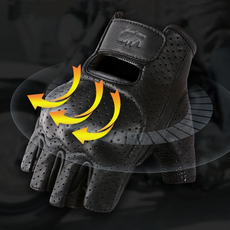

VND Half Finger Leather Motorcycle Gloves Vintage Design Leather Belt Holes Breathable Non-Slip Riding Half Finger Riding Gloves