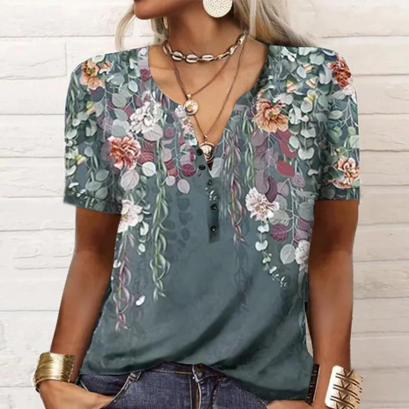 Button V-Neck Women Blouses Fashion Graphic Print Shirts Summer Short Sleeve Tops Oversized Blouse Harajuku Female Clothes y2k