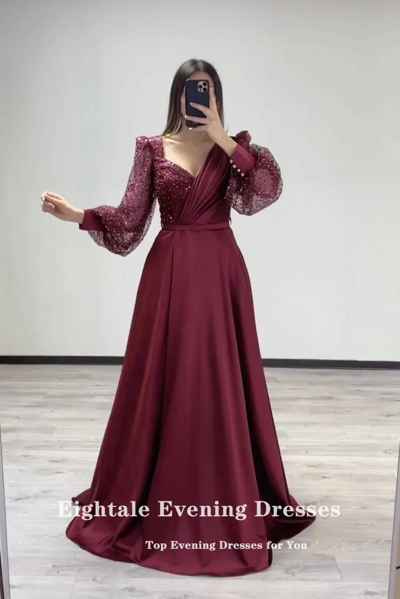 Eightale Burgundy Evening Dresses Long Sleeves Sweetheart Glitter A-Line V-Neck Satin Prom Party Gown  vestido de fiesta