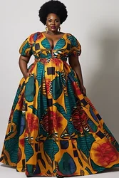 Plus Size Daily Multicolor Ankara V Neck Puff Sleeve Short Sleeve Knitted Maxi Dresses