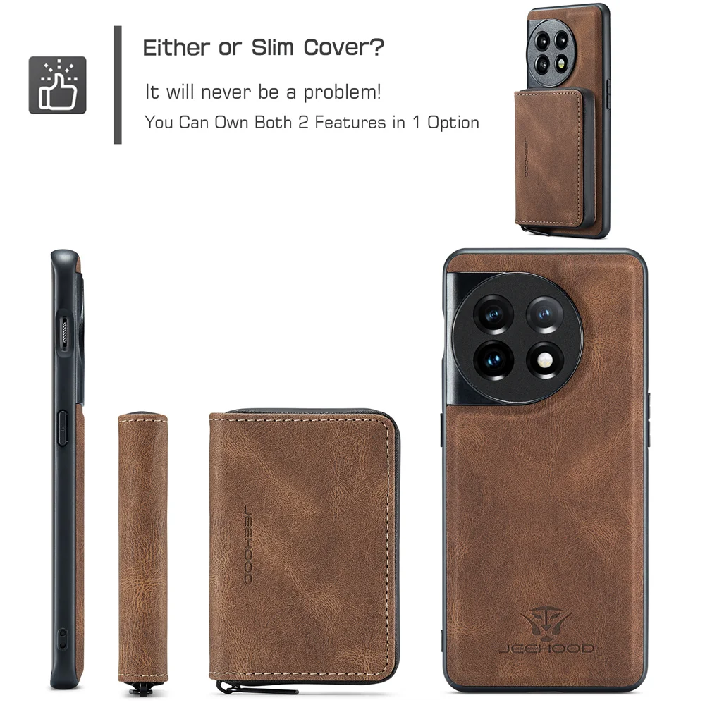 JEEHOOD Luxury Detachable Zipper Purse Wallet Case for OnePlus 11 Nord 2 N200 OnePlus 9 Pro Magnetic Leather Case Phone Bag