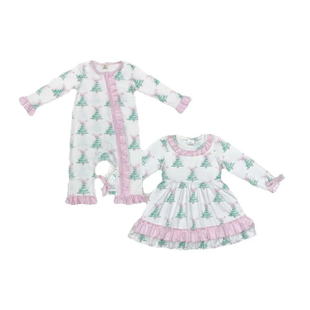 

Sibling Baby Girls Christmas Tree Pink Bows Rompers Dresses