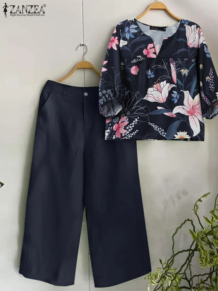 2024 Summer Women Pant Sets ZANZEA 2PCS Holiday Outfits Short Sleeve Floral Blouse Trousers Suit Elegant OL Work Matching Sets