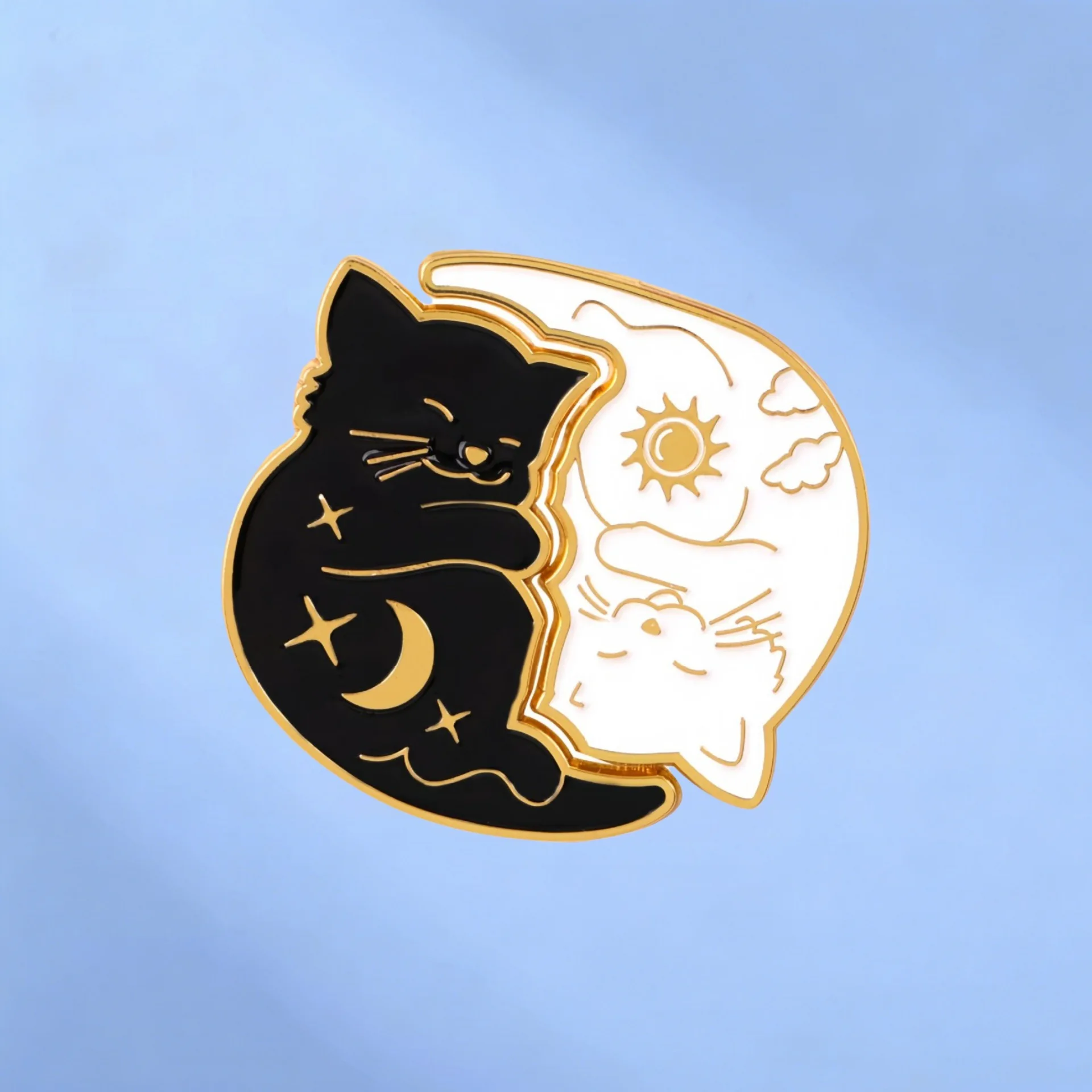 Yin Yang Hugging Black White Cat Enamel Pin Sun Moon Star Celestial Witchy Lapel Brooch Backpack Badge Jewelry Gift