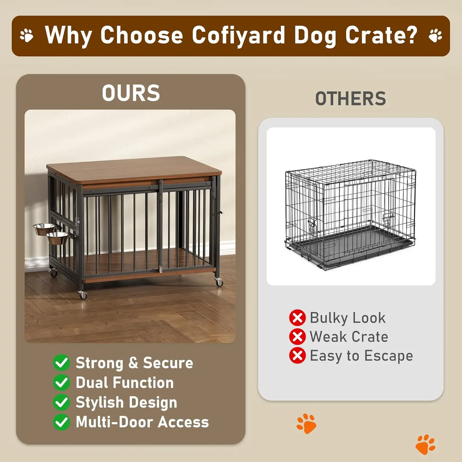 أثاث صندوق الكلاب، بيت كلب خشبي مقاس 32 بوصة داخلي مع باب أمامي منزلق، فتحات متعددة الجوانب ونافذة تغذية بيت قفص الحيوانات الأليفة