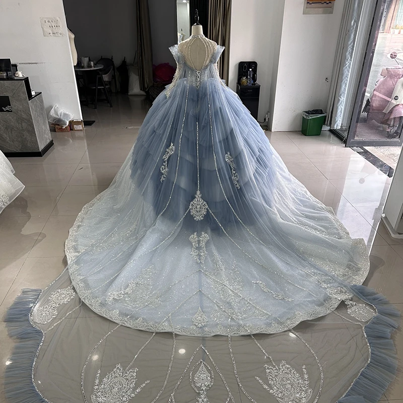 Jancember Beading O-Neck Full Sleeves Ball Gown Lace Up Embroidery Button Romantic Wedding Dress 2023 Elegant Wedding XS001