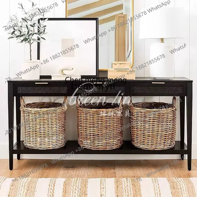 

P178 American Retro Solid Wood Entryway Table Sofa Back Table French Rattan Decorative Table Storage Cabinet