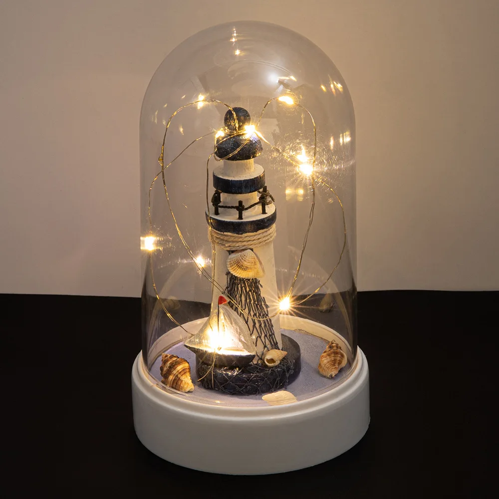 Nautical Ocean Flash Lighthouse Ornaments LED Light Landscape Vase Plastic Fishing Net Starfish Shell Figurines Craft Home Decor