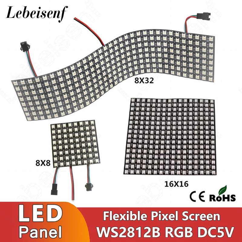 DC 5V WS2812B ekran LED pikseli 16x16 8x32 8x8 RGB IC WS2812 5050 elastyczny cyfrowy Panel moduł macierzy indywidualnie adresowany