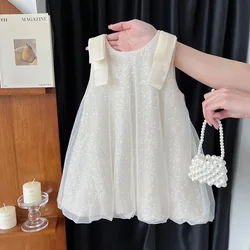 2024 Summer New Korean Version Girls' Sequined Mesh Vest Dress Fashion Kids Clothing Baby Shiny and Sparkling Camisole Dress