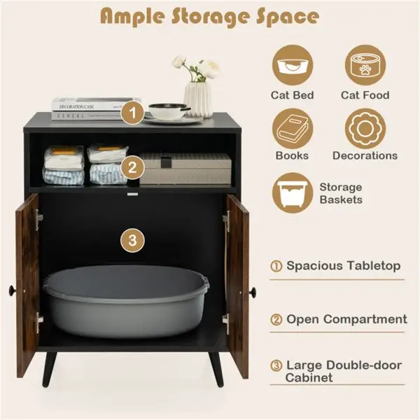 Brown Wood Double-Door Cat Litter Box With Storage Furniture For Nightstand Side Table Or End Table Use