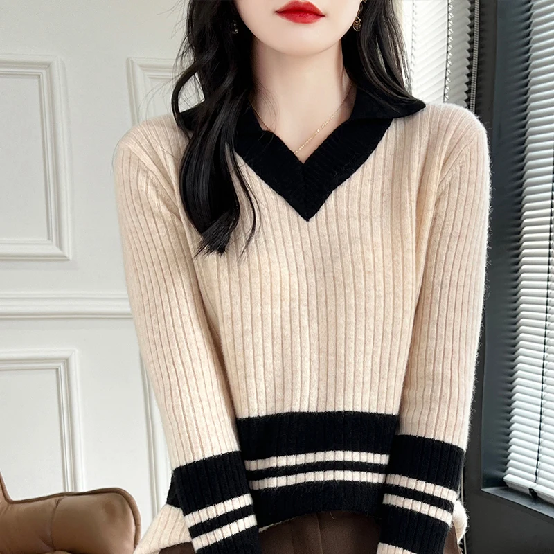 Autumn Winter New Cashmere Sweater 100% Wool Clothing Tops Women V-Neck Knit Pullover Korean Slim fit Long Sleeved Lapel Sweater