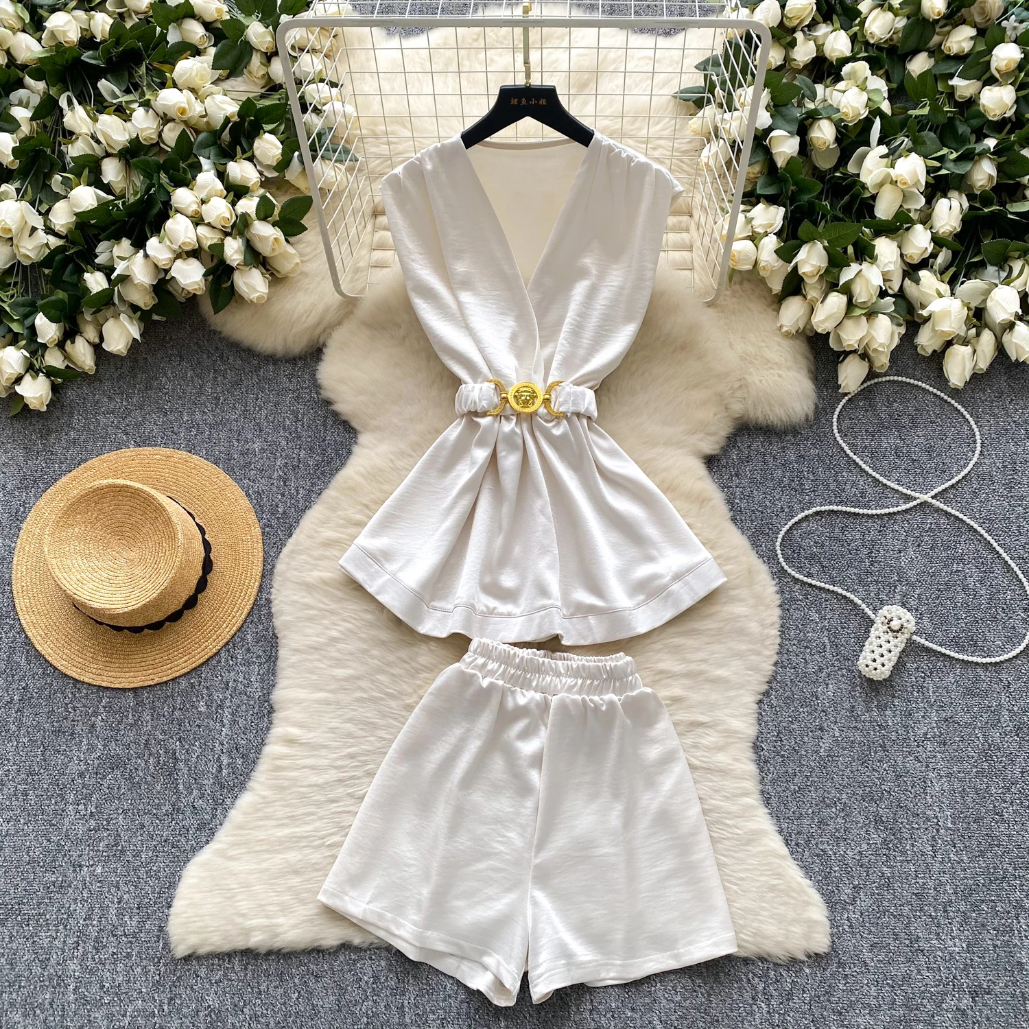 Traje de lujo de verano para mujer, camisas con cinturón, pantalones cortos de cintura elástica, traje elegante de oficina de negocios OL, conjuntos de diseño para personas mayores