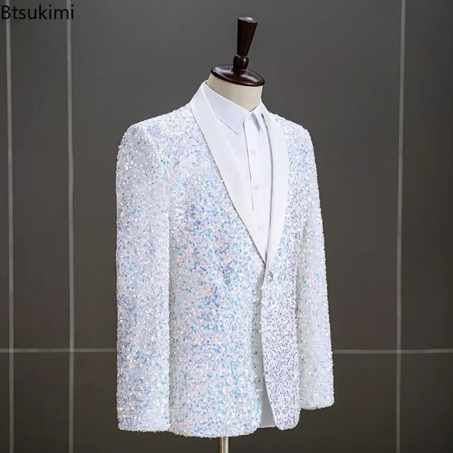 2024 Men\'s Sequins Suit Jacket White Green Stage Performance Host Wedding Party Male Blazer Single Button Fashion Man Suit Coats