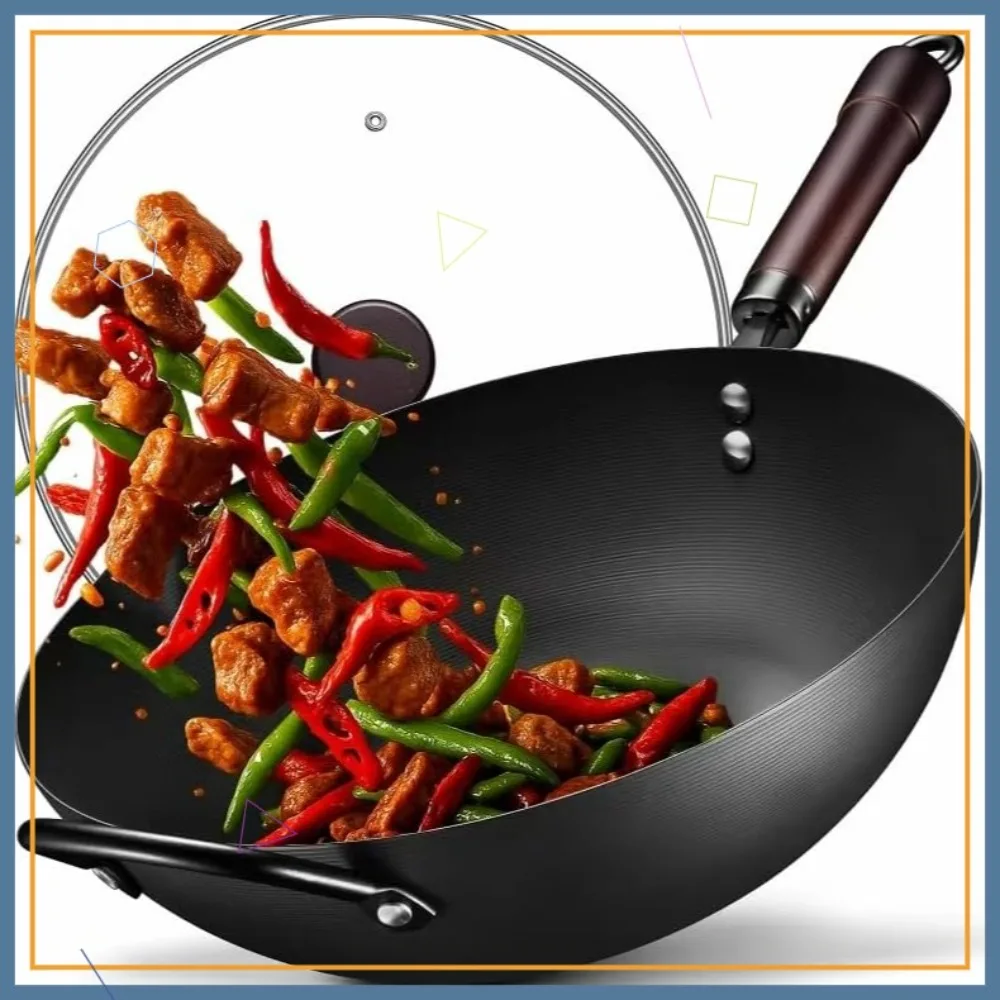

13 Inch Carbon Steel Wok Pan Nonstick Pre-Seasoned 5.8QT Flat Bottom with Glass Lid Compatible All Cooktops